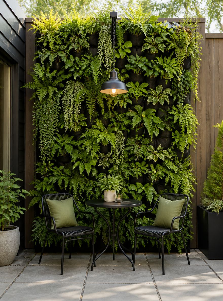 Muro verde vivo de fondo para mesa bistró