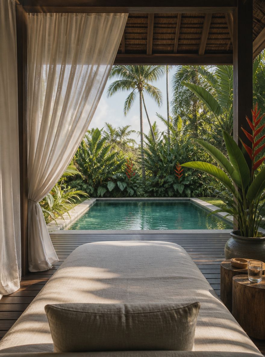 Cama de día en cabaña enmarcando la vista a la piscina entre cortinas vaporosas