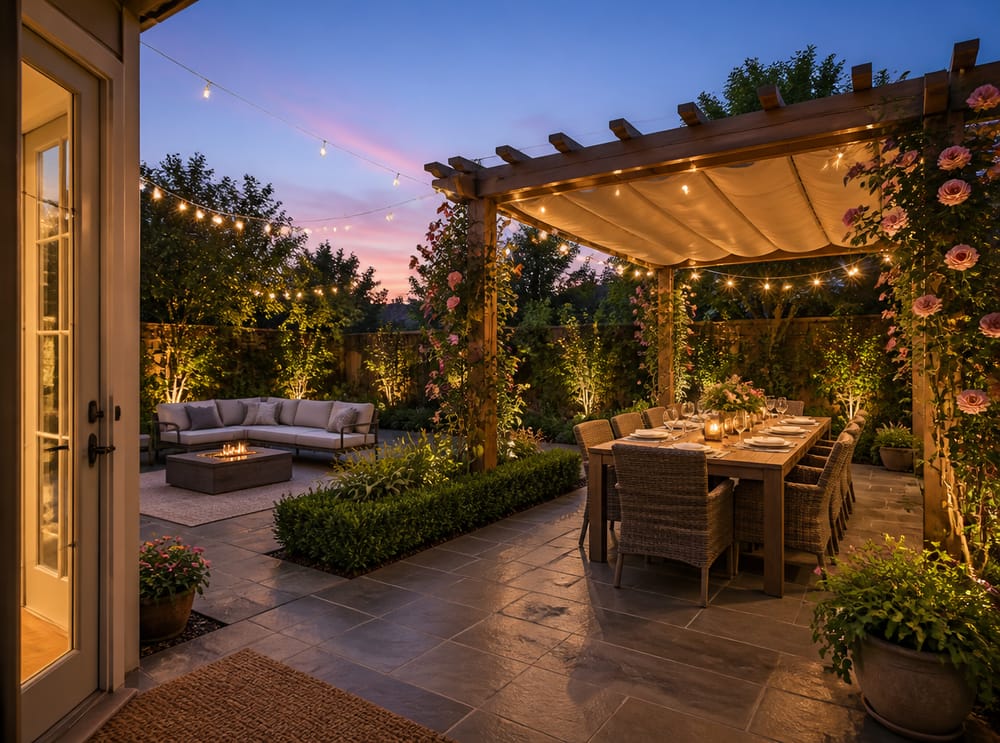 Comedor bajo pérgola separado de la zona de descanso