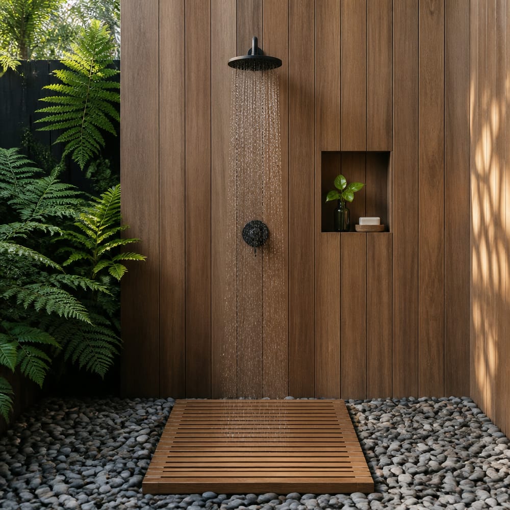 Ducha exterior negra mate sobre pared revestida en madera