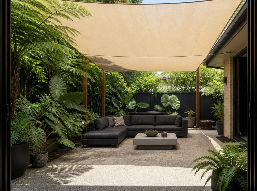 Toldo de lona cubriendo todo el patio sobre sofá modular
