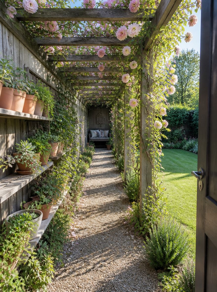 Pérgola cubierta de rosas conduce a un rincón para sentarse