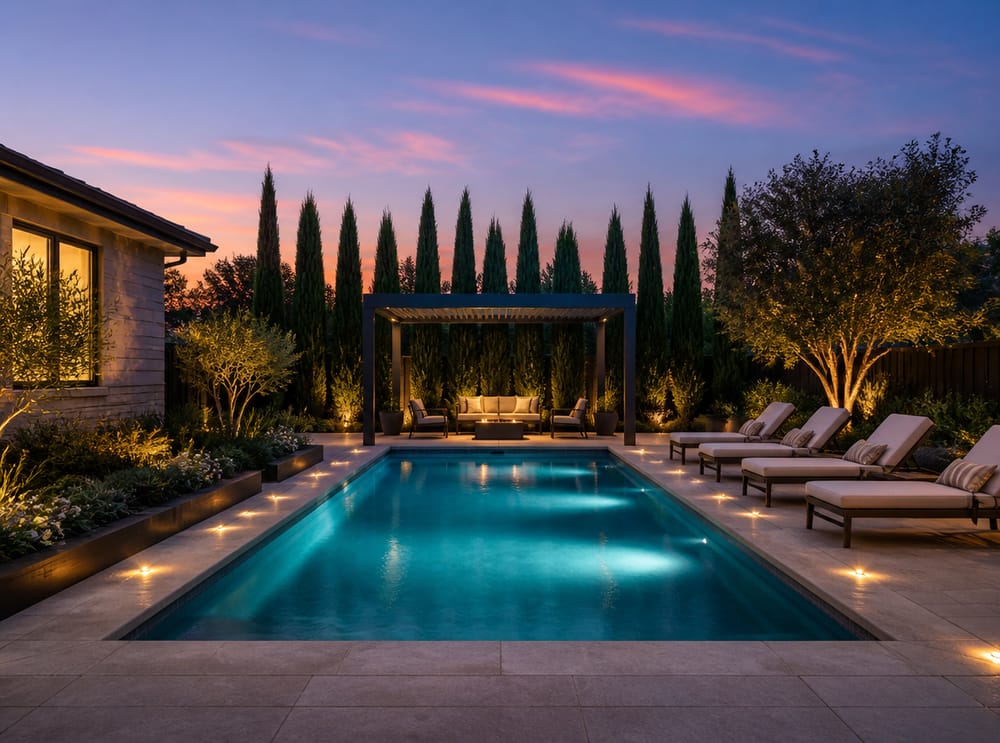 Piscina iluminada al atardecer con fondo de cipreses y tumbonas