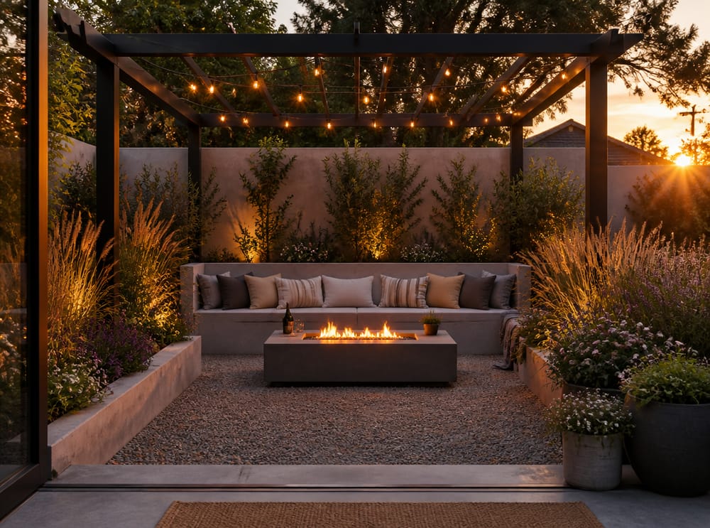Banco de concreto y mesa de brasero bajo pérgola con luces colgantes