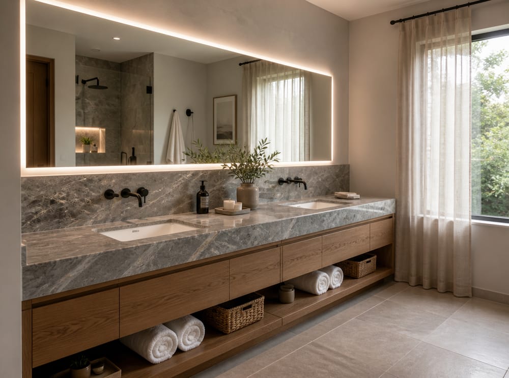 Marble double vanity with integrated mirror lighting