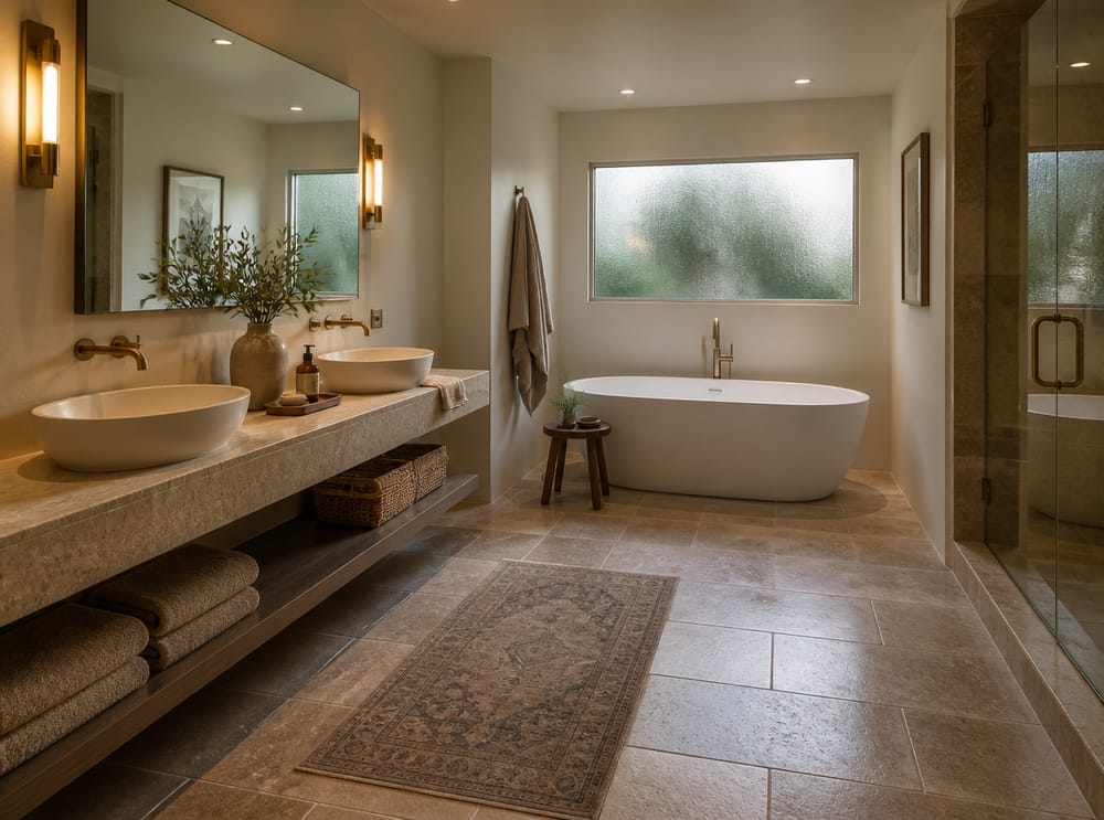 Floating vanity beside a centered soaking tub