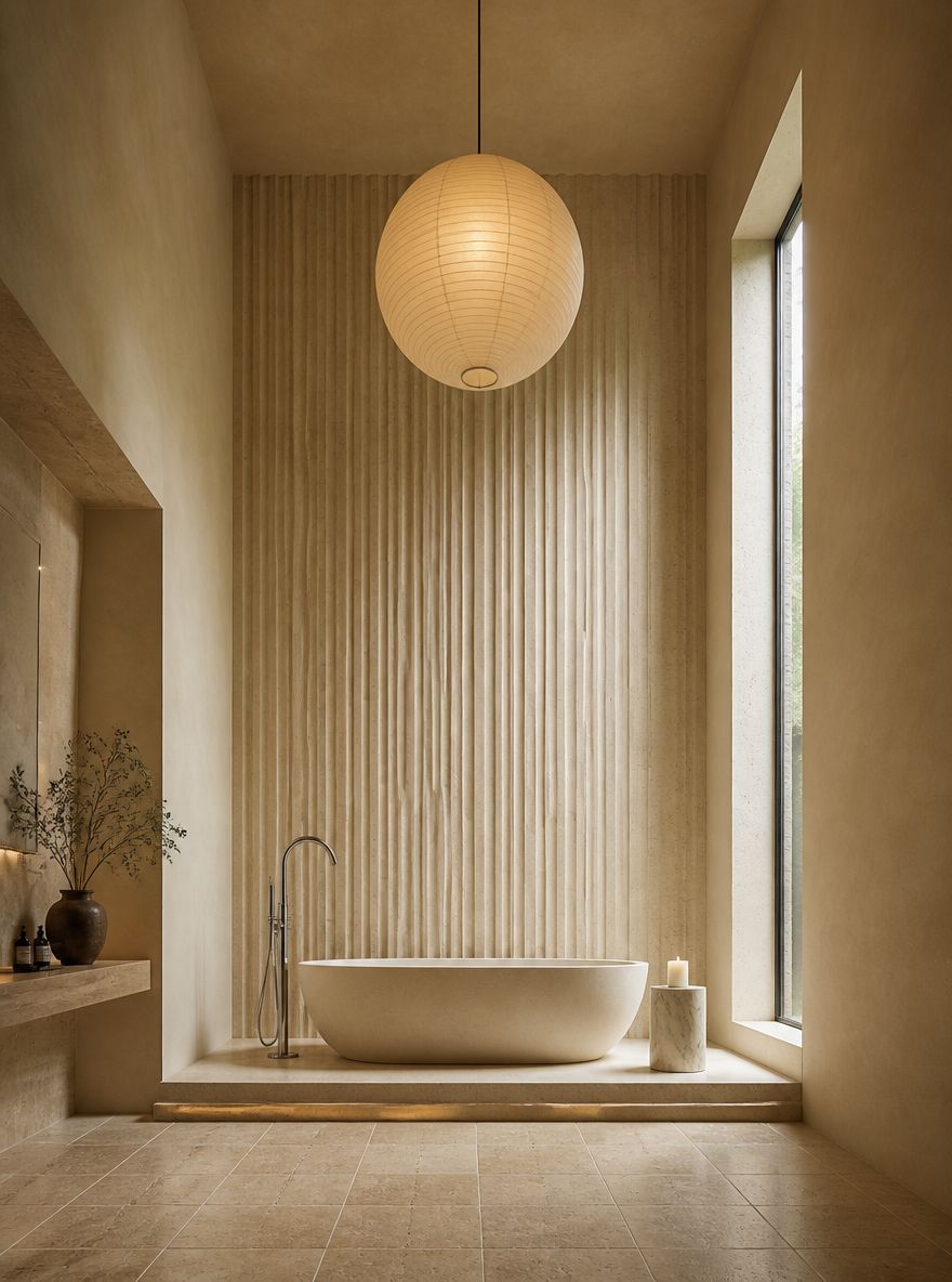 Fluted limestone wall framing a freestanding tub