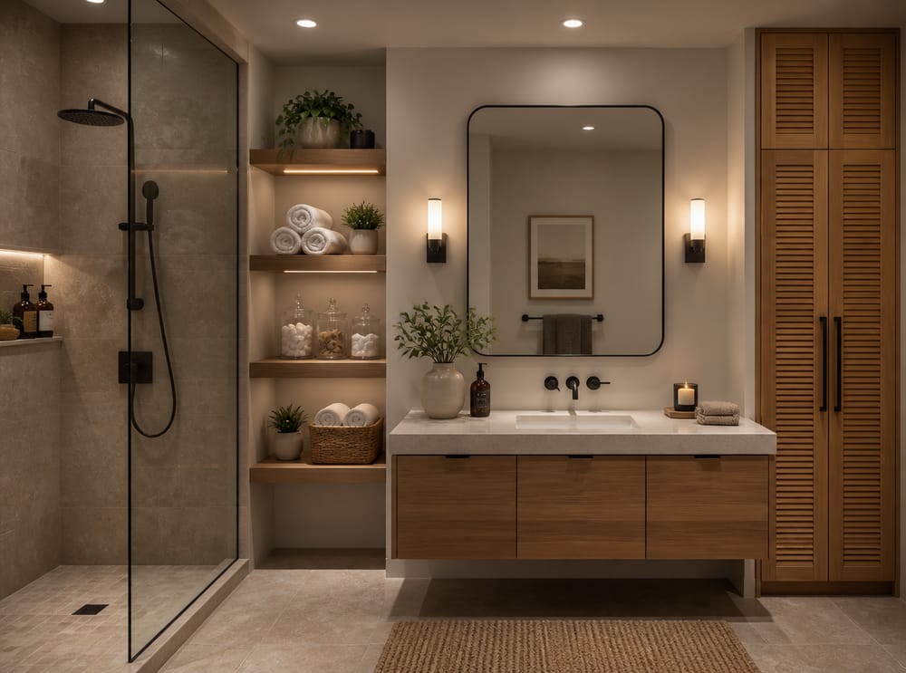 Slatted oak linen cabinet beside a stone shower