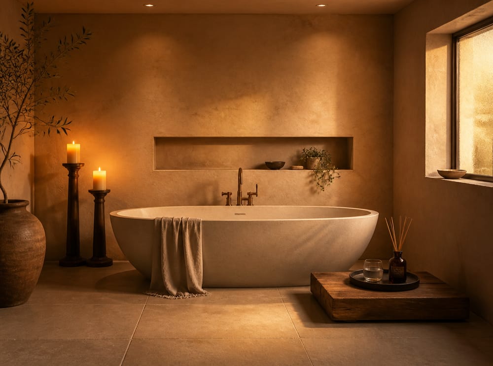 Clay plaster walls with layered candlelight and recessed glow