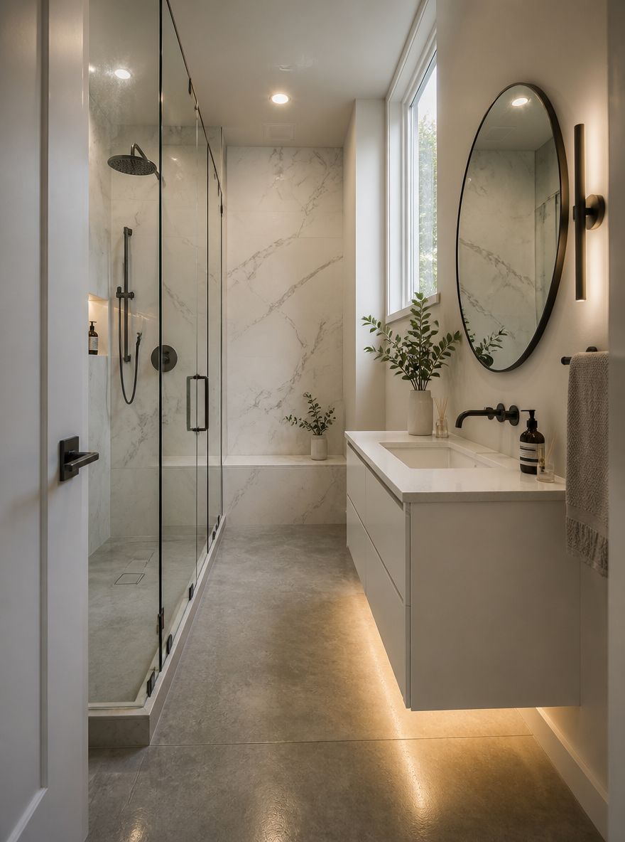 Narrow spa bathroom with a full-depth shower