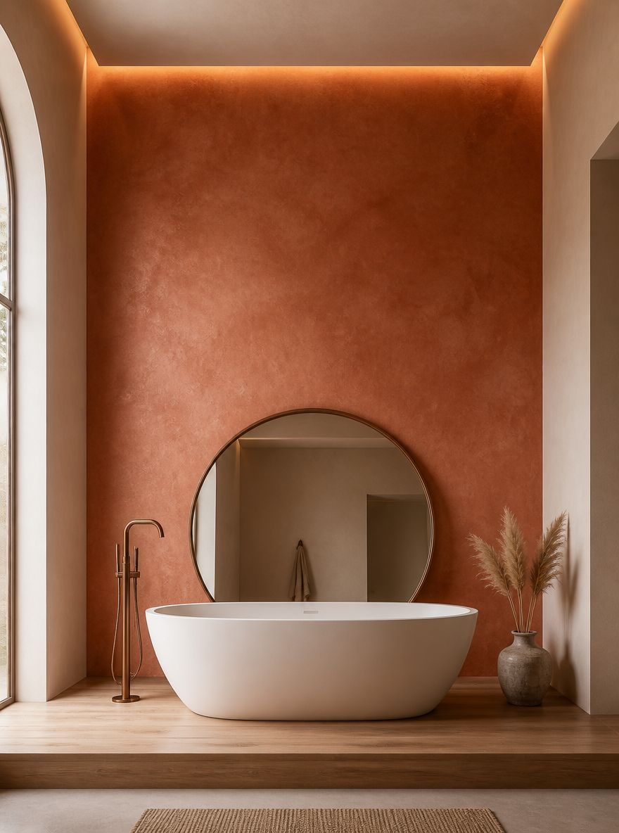 Terracotta micro-cement feature wall behind an oval tub