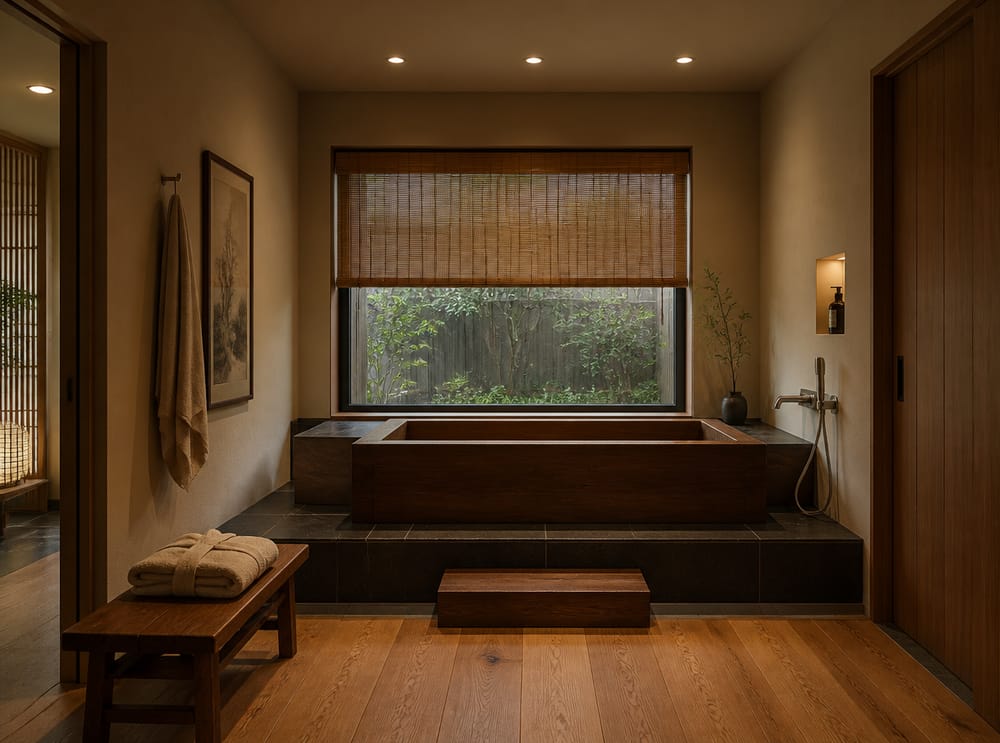 Hinoki soaking tub on a slate platform