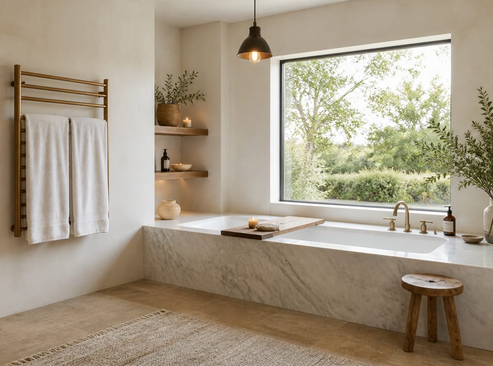 Built-in marble tub under a picture window