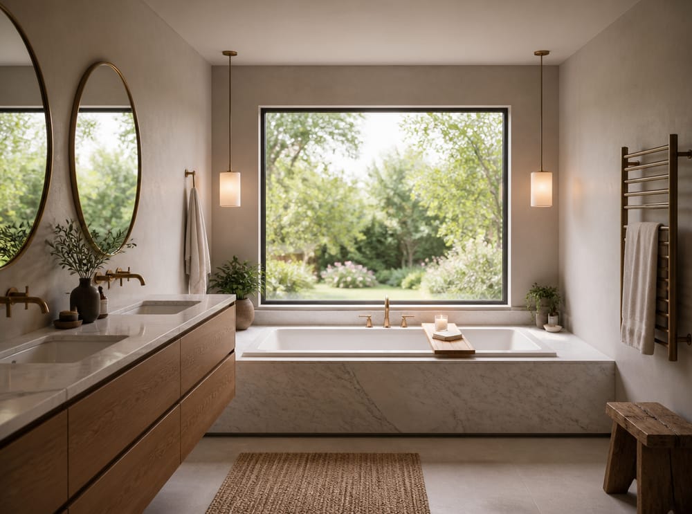 Built-in tub facing a garden picture window