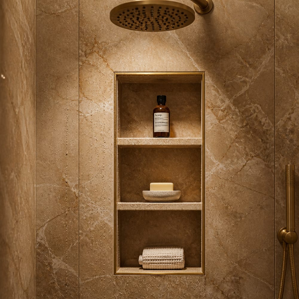 Marble shower niche with brass border detail