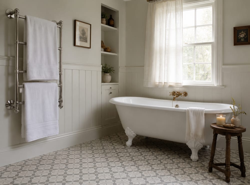 Clawfoot tub beside a linen-curtained sash window