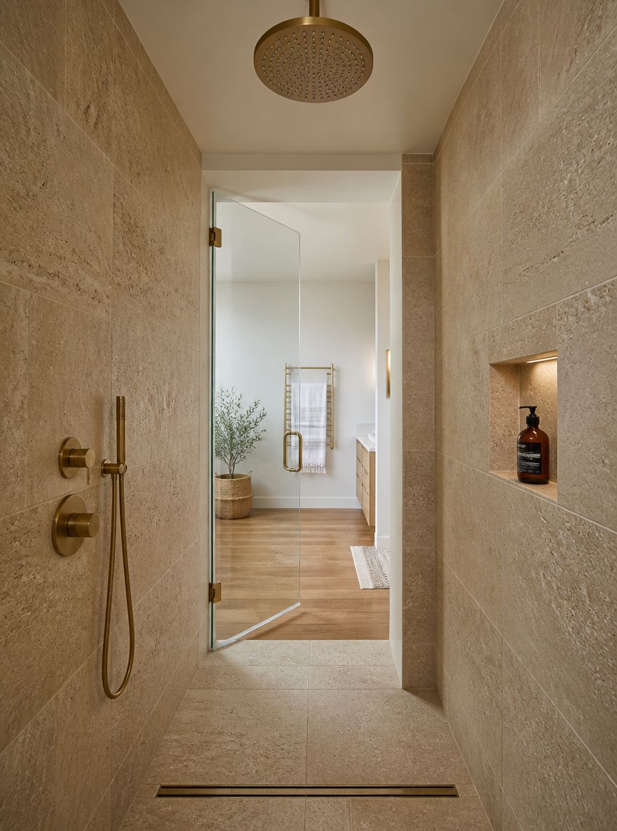 Inside a travertine shower looking toward the glass door