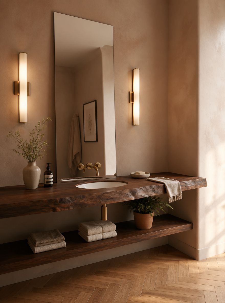 Walnut live-edge vanity with flanking sconces