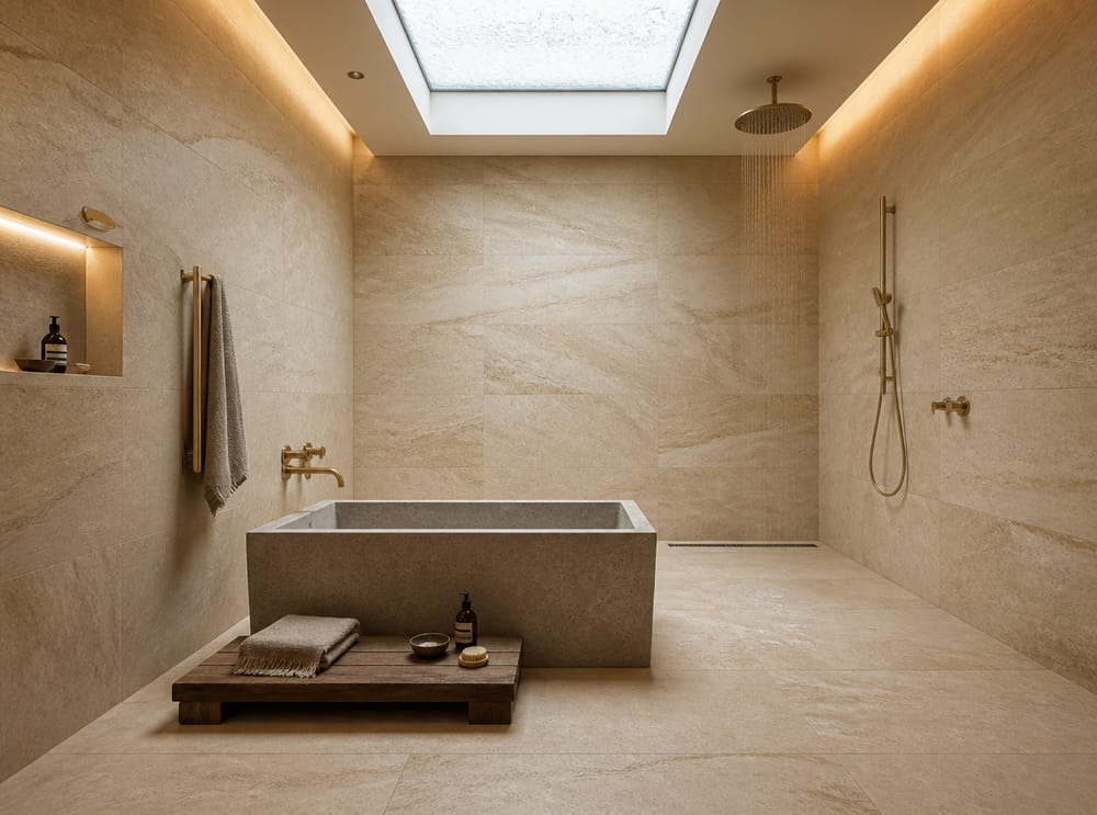 Sandstone wet room with a concrete trough tub