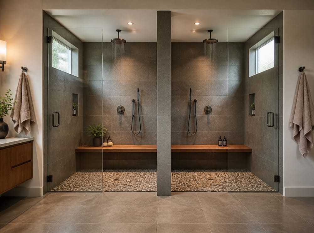 Double rainfall shower with a shared teak bench