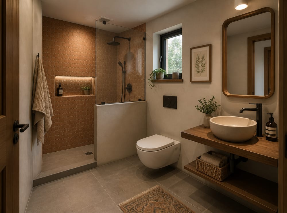 Terracotta hex tile shower in a compact layout