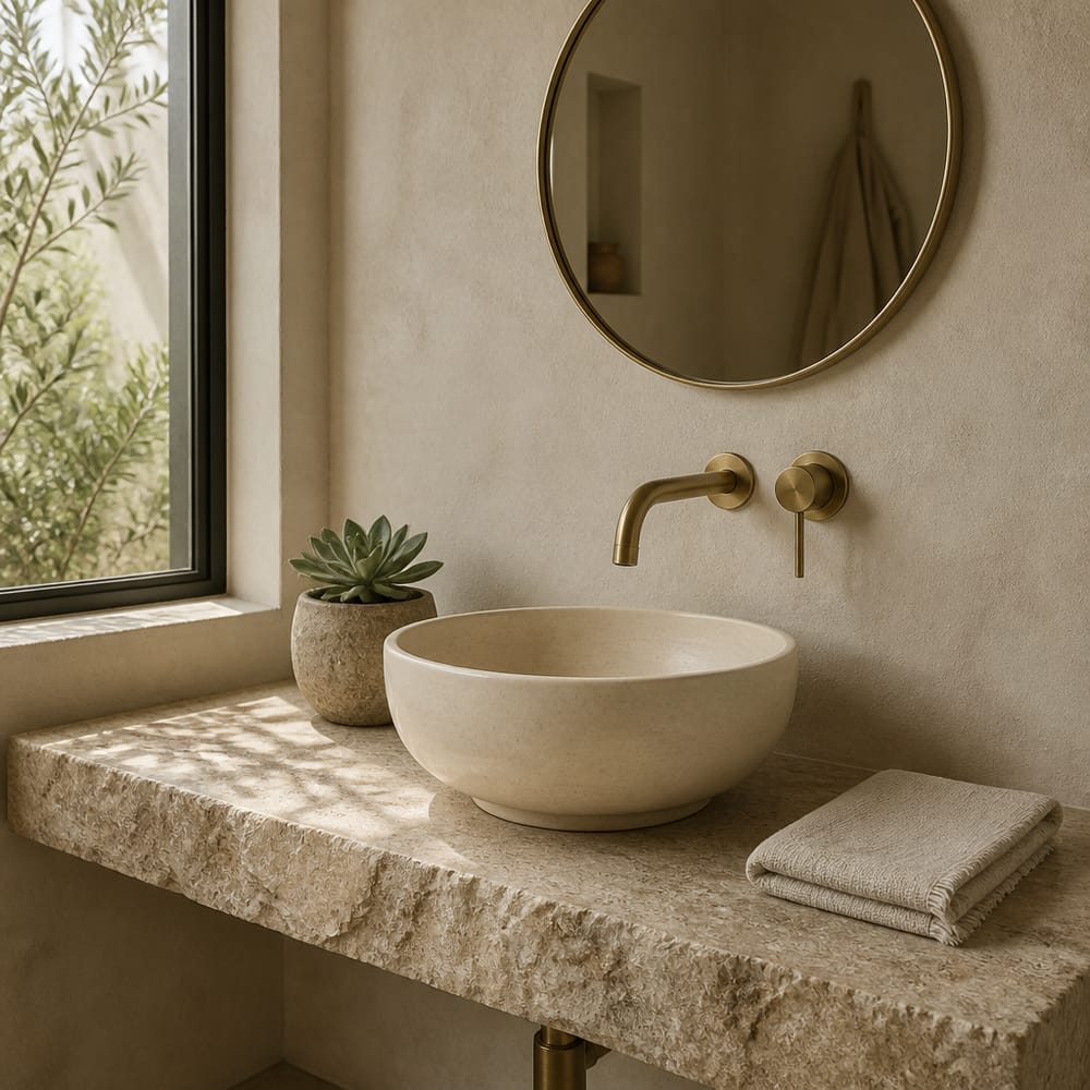 Cream vessel sink on a rough-edge travertine slab