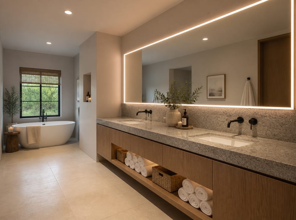 Full-wall granite vanity with an LED perimeter mirror