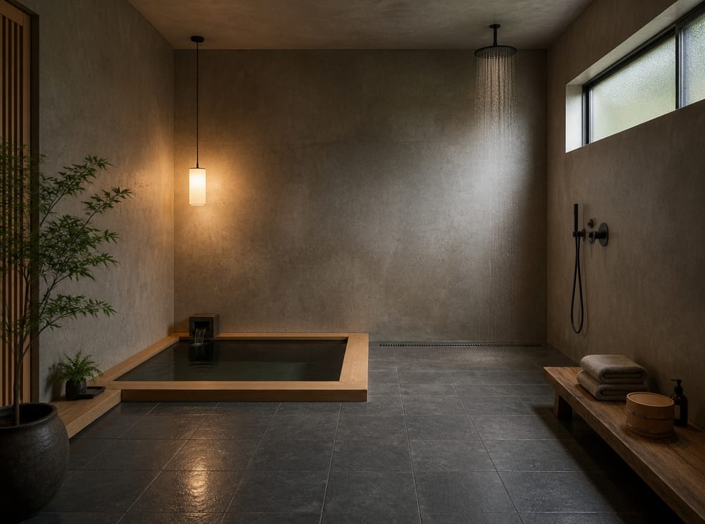 Flush floor soaking tub in a concrete wet room