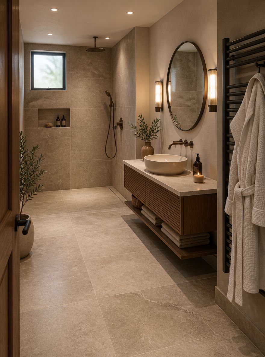 Open-entry shower and vanity in a limestone bathroom