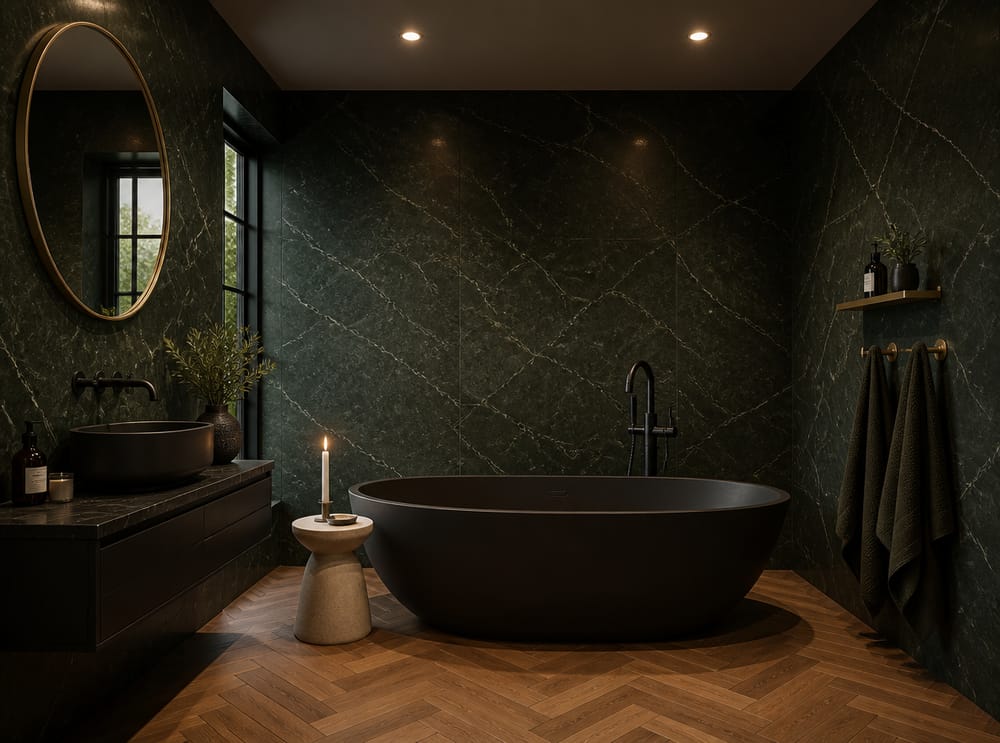 Dark green tile walls around a matte black tub