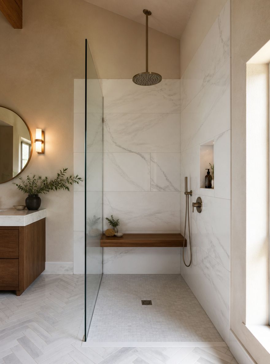 Floor-to-ceiling Thassos marble shower with teak bench
