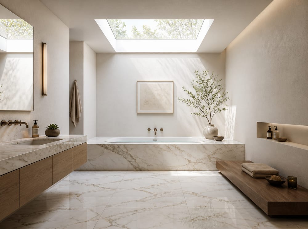 Calacatta marble tub lit by an overhead skylight