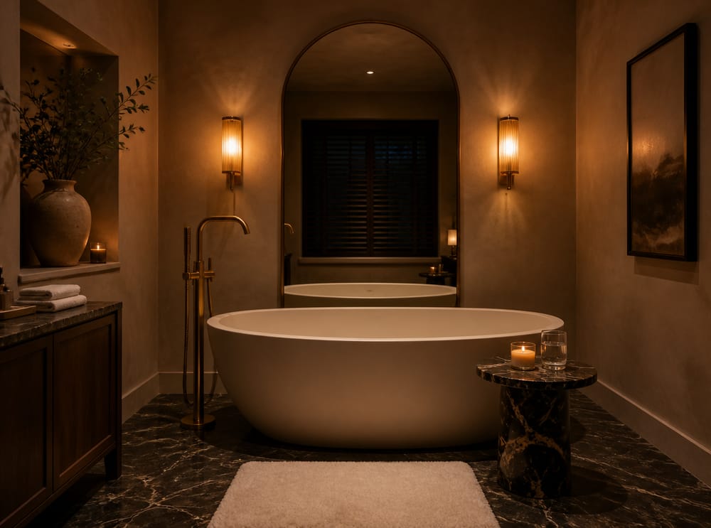 Brass faucet tub beneath an arched mirror at dusk