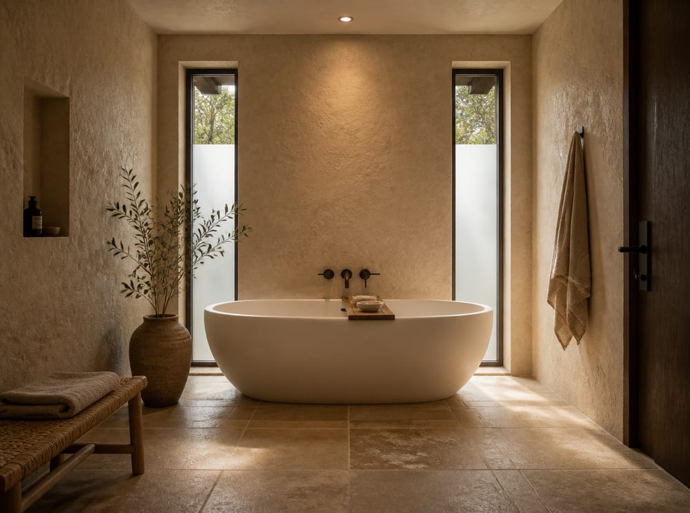 Rough plaster walls flanking a stone freestanding tub