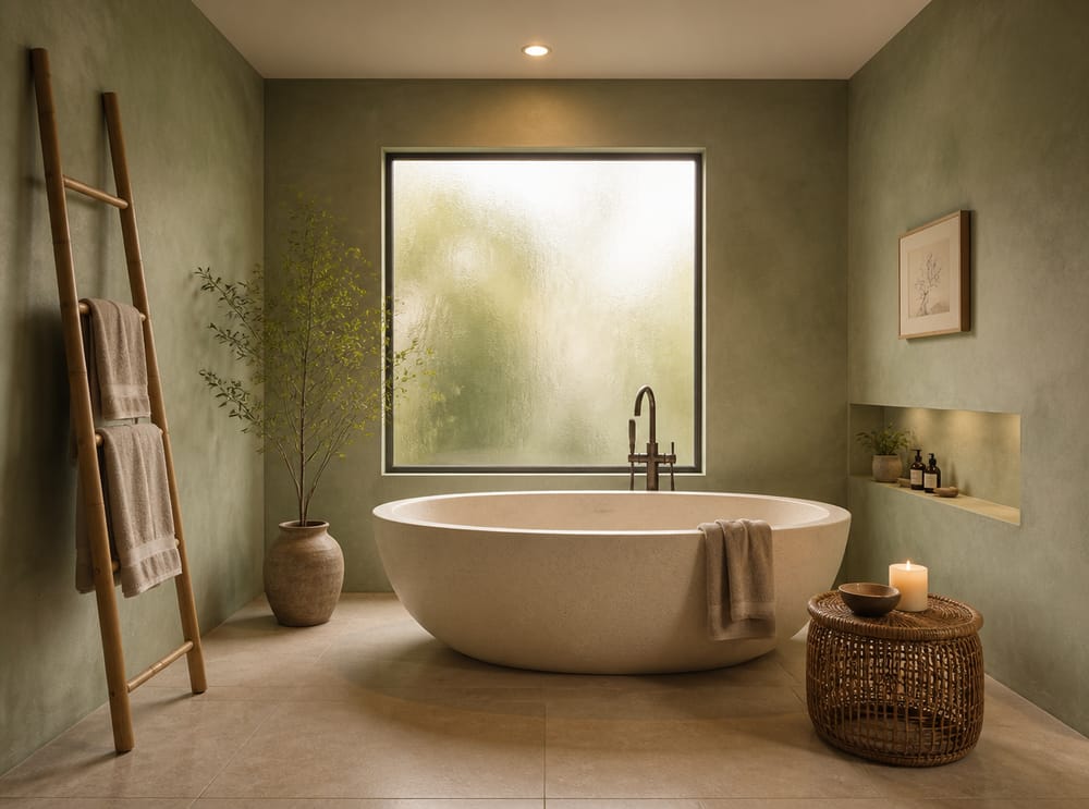 Sage limewash walls with a stone resin tub