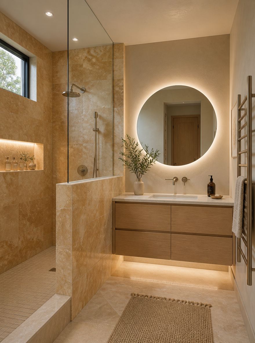 Honey onyx shower beside a warm oak vanity