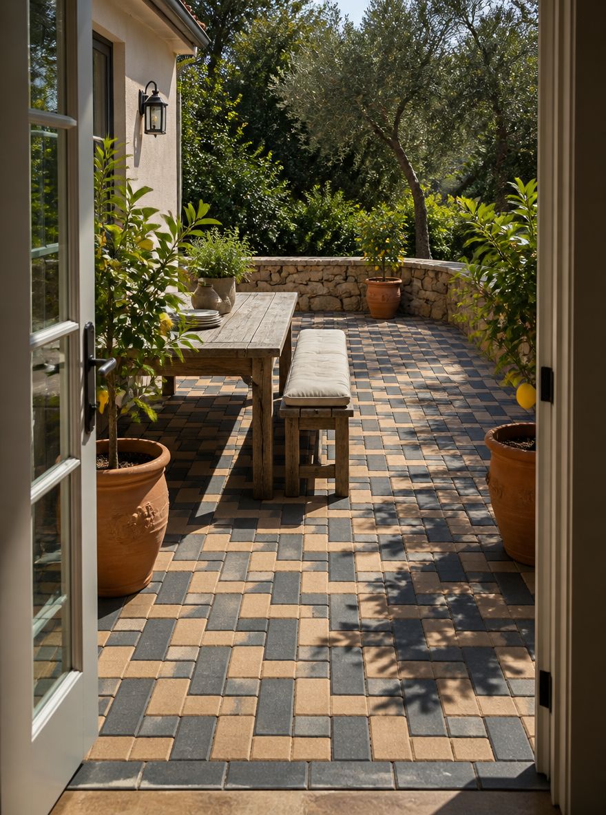 Patio con diseño cesta visto desde puertas francesas