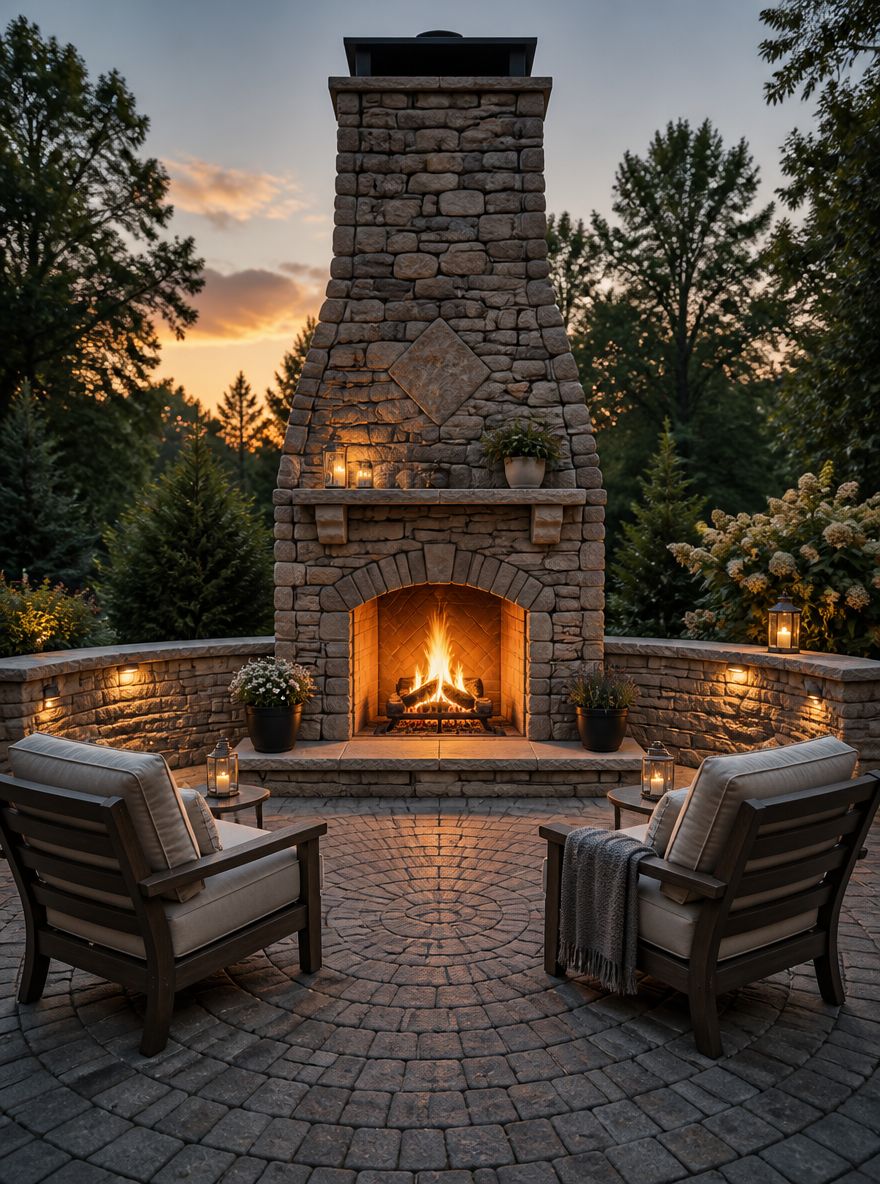 Adoquines en patrón circular que rodean chimenea de piedra