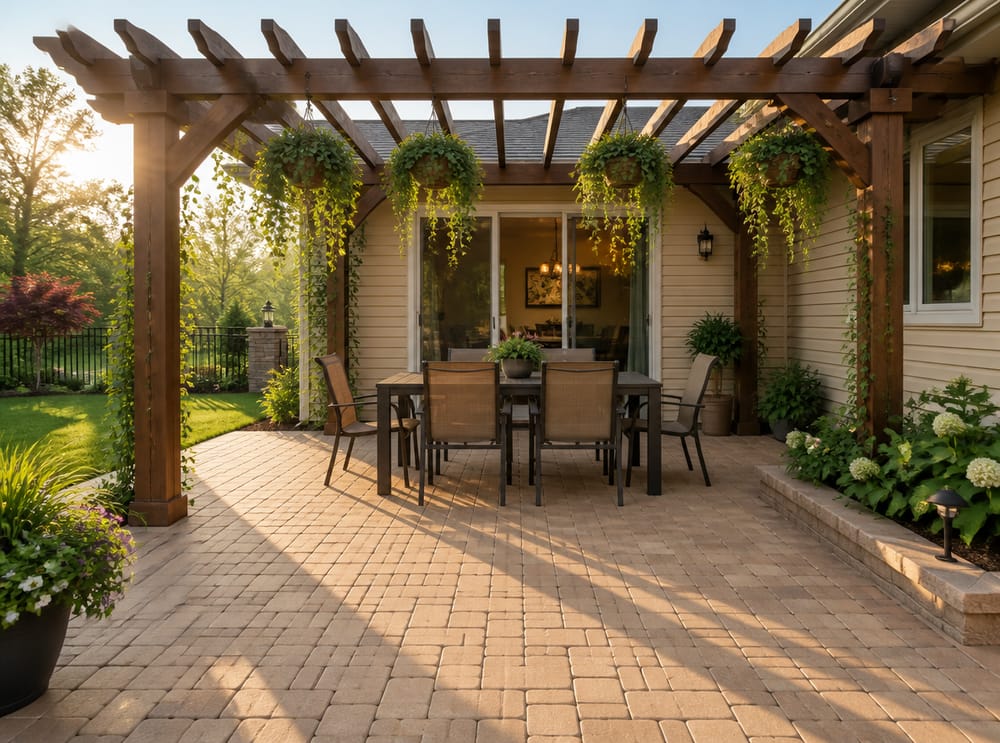 Patio tipo cesta color beige bajo pérgola con plantas colgantes