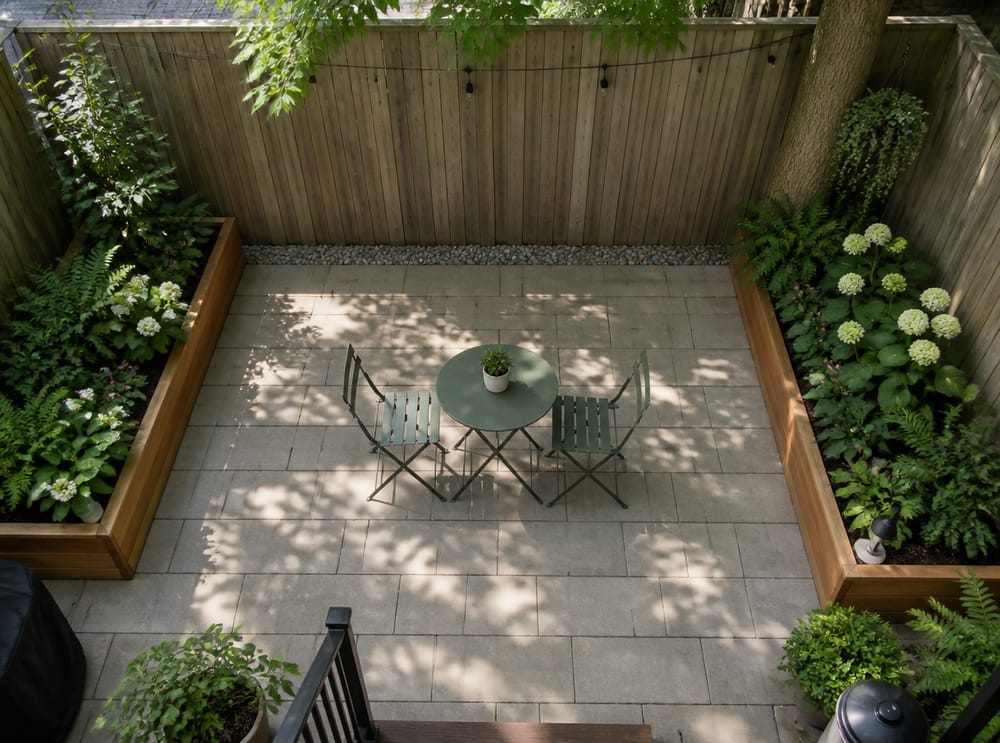 Patio urbano compacto, adoquines gris salvia en espiga