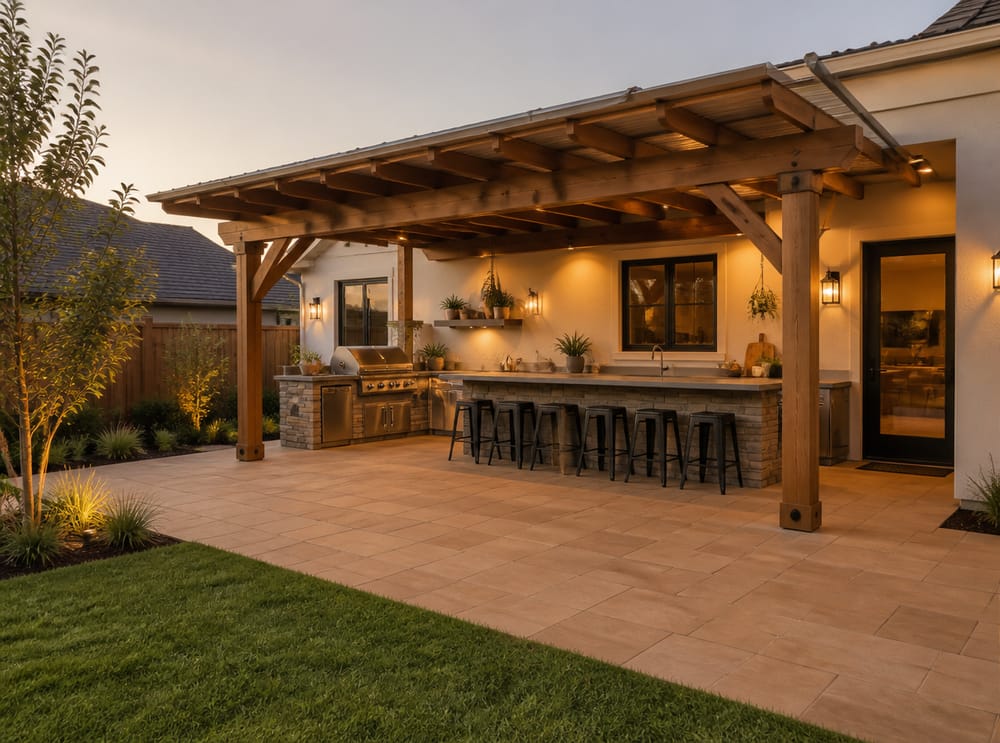 Patio en espiga beige con cocina exterior bajo pérgola