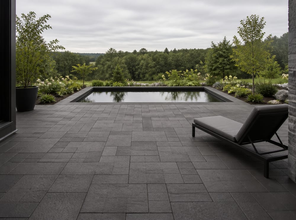 Patio en molino de viento color carbón con piscina reflectante rectangular