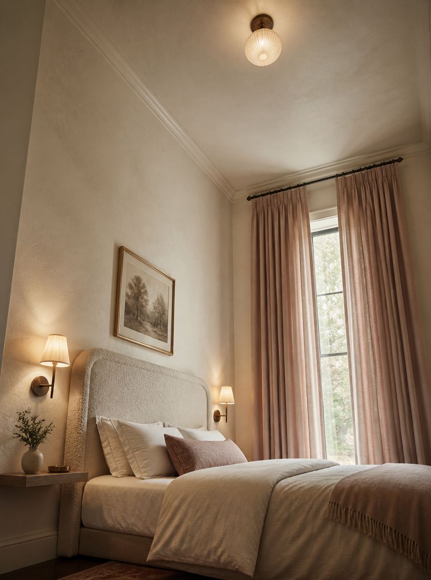 Tall curtains and wall sconces flank single window