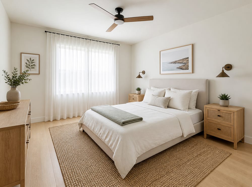 Rattan nightstands and ceiling fan in bright guest room