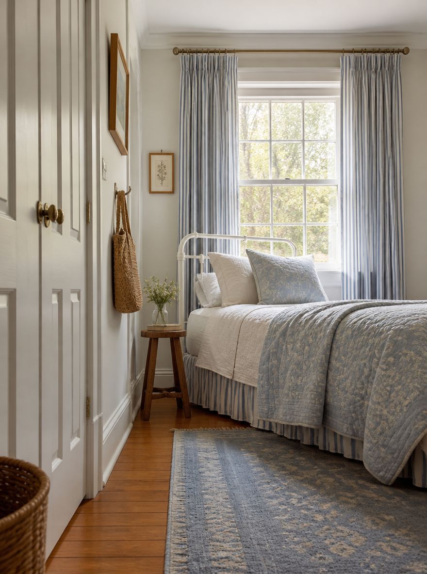 Metal-frame twin bed tucked beneath a striped-curtain window