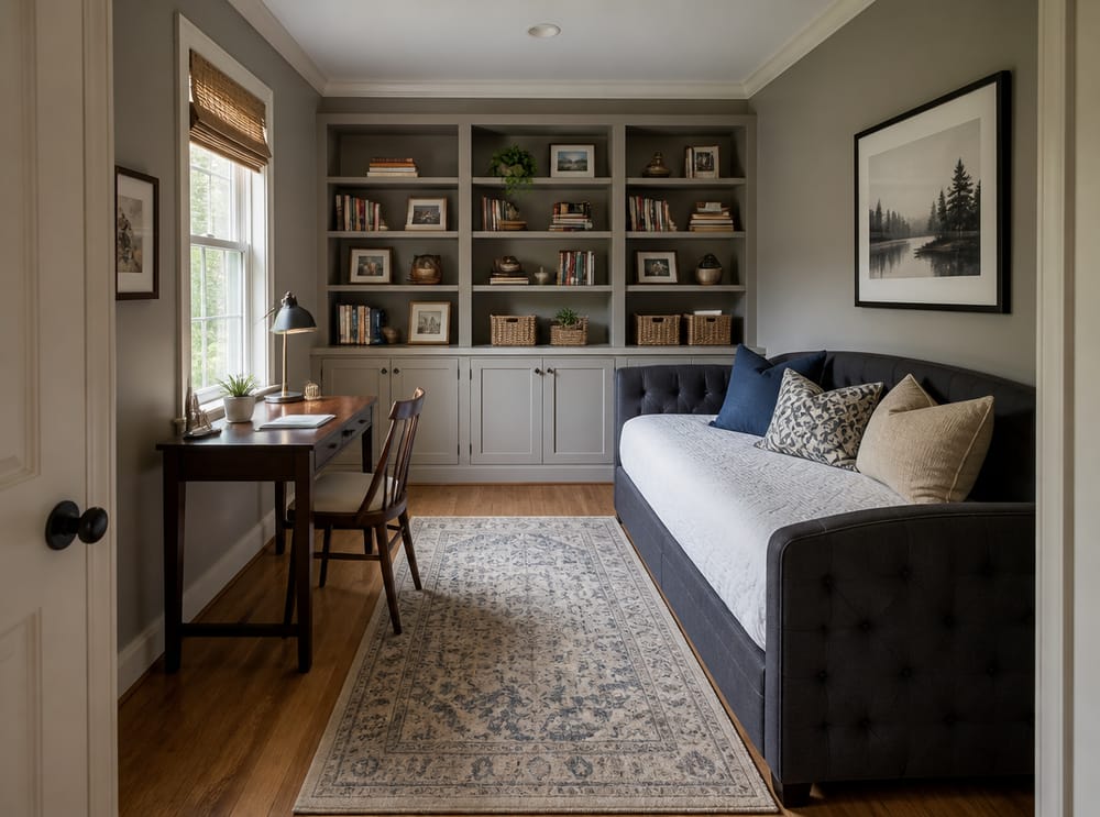 Daybed and desk share a compact multipurpose layout