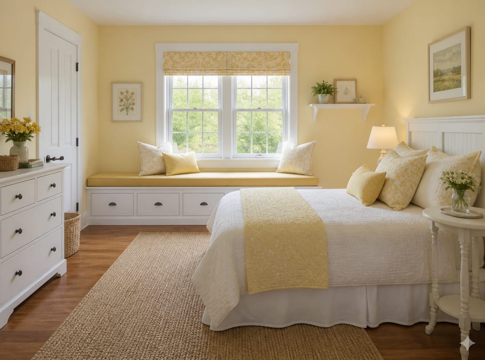 Built-in window seat with storage drawers beside bed