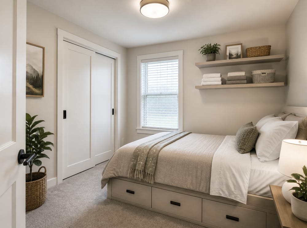 Under-bed drawers and floating shelves maximize storage