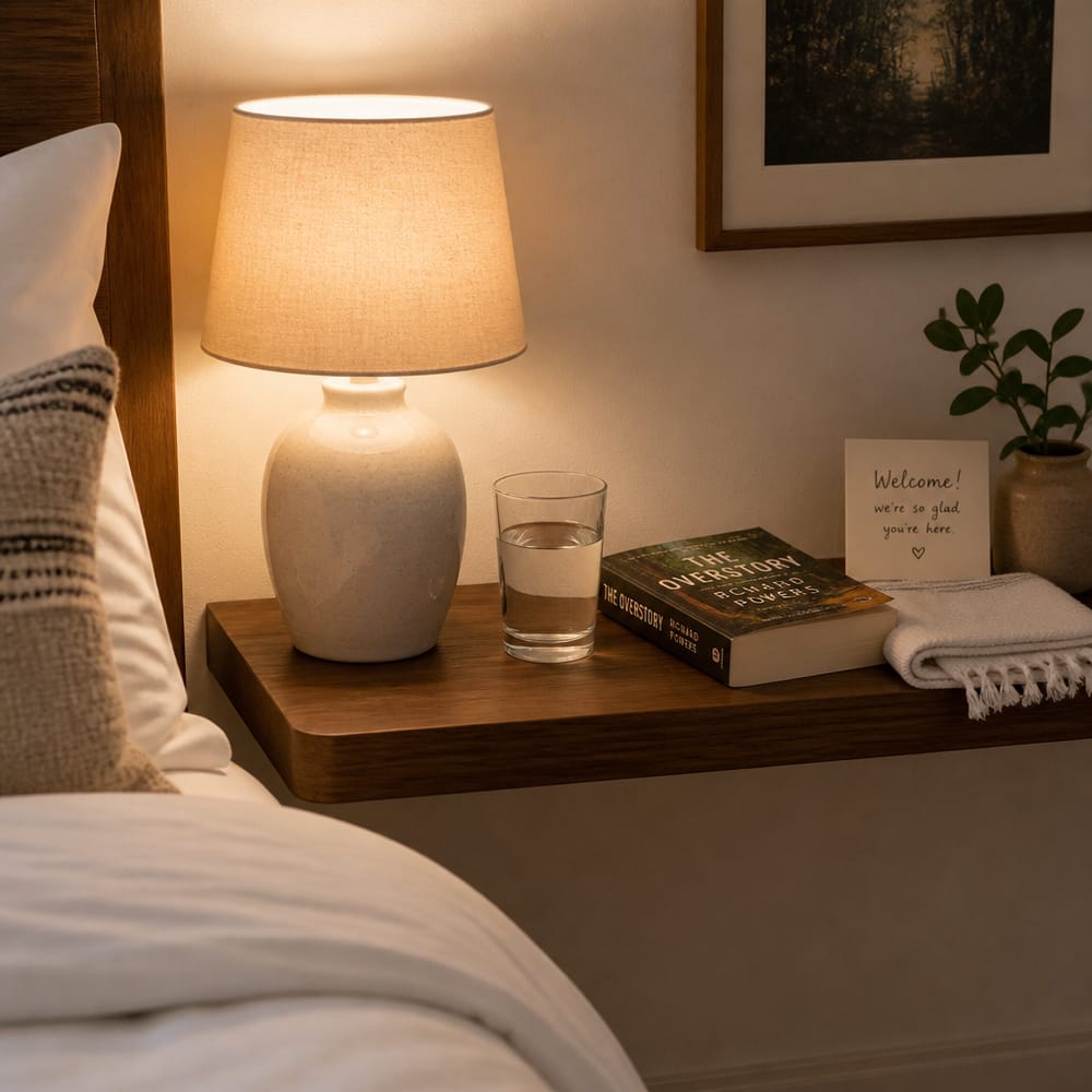 Floating shelf with lamp, water, and folded towel