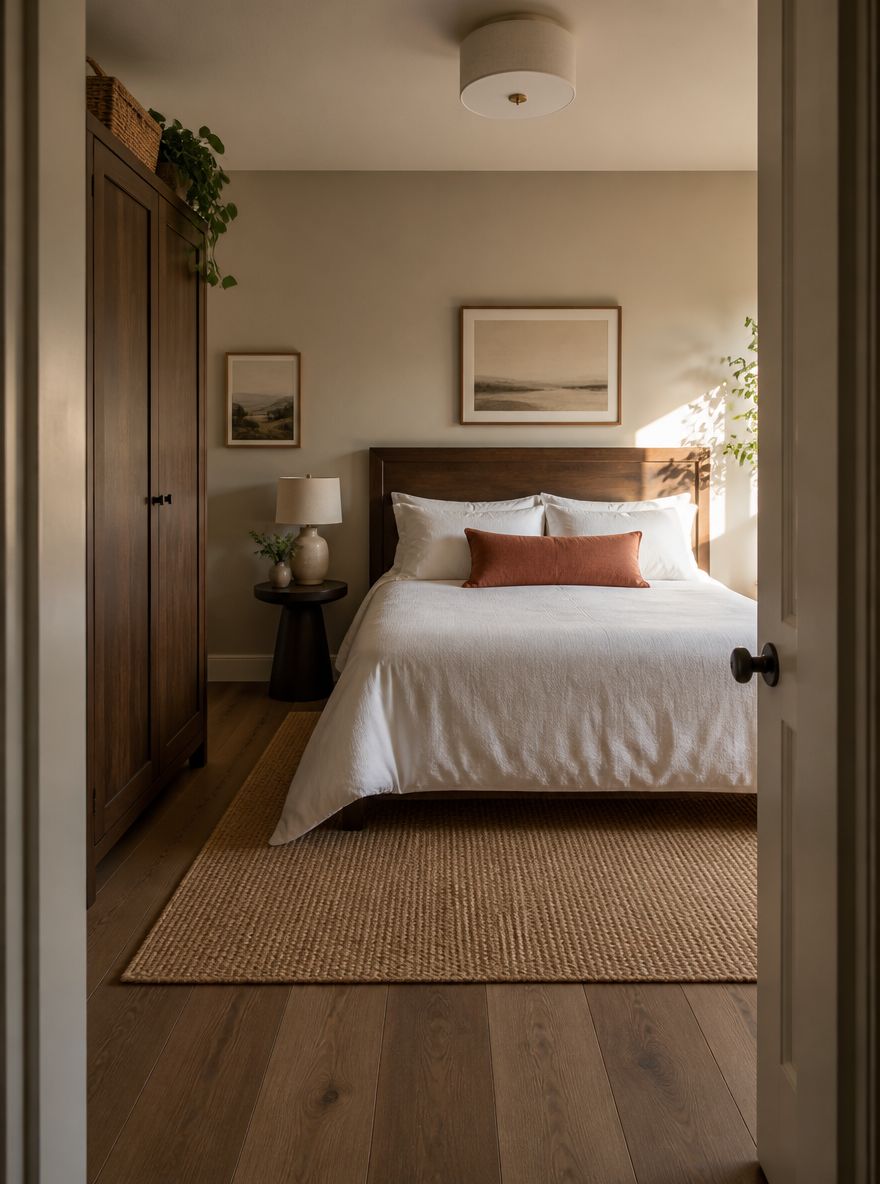Narrow wardrobe offers guest clothing storage beside bed